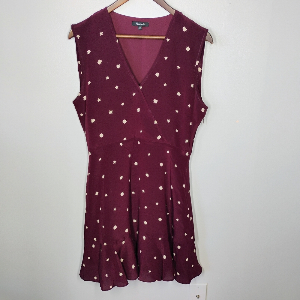 Madewell Silk Faux Wrap‎ Mini Dress Burgundy Womens 10 Star Print Ruffle Flutter